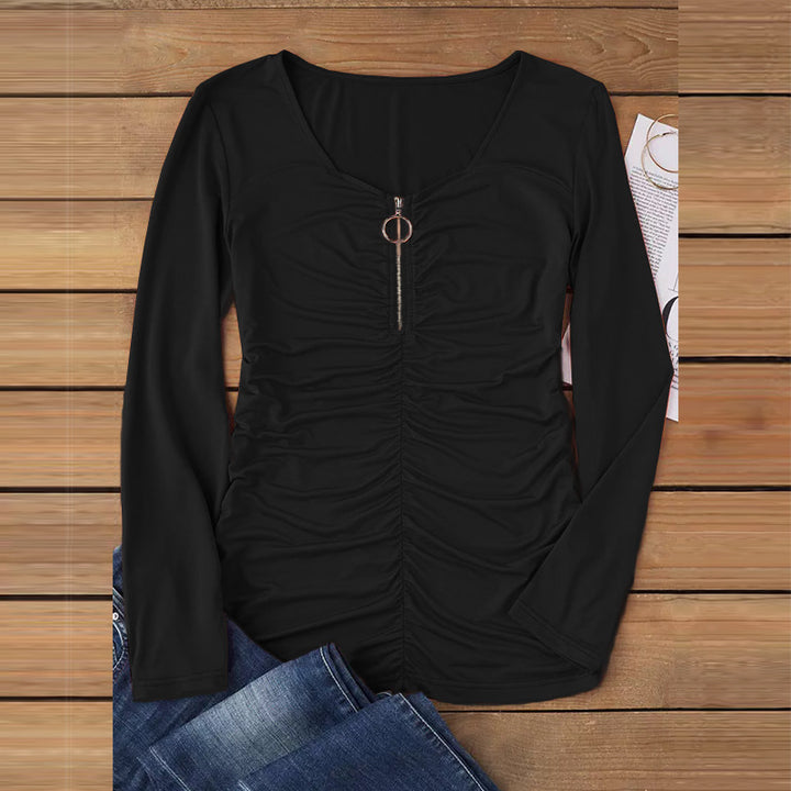 Women's Long Sleeve Shirt with Gather and Decorative Zipper Mune Fashion