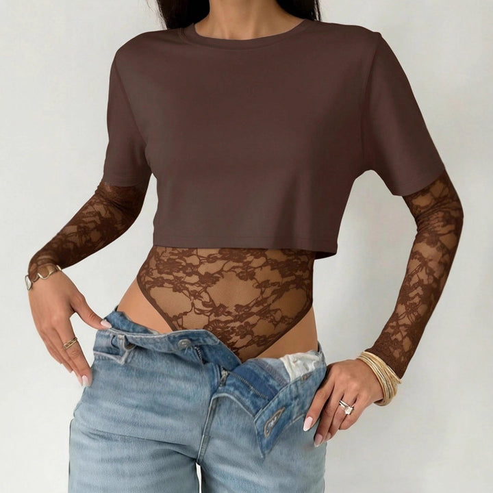 Women’s Short Cut Shirt with Transparent Lace Bodysuit Overlay Mune Fashion