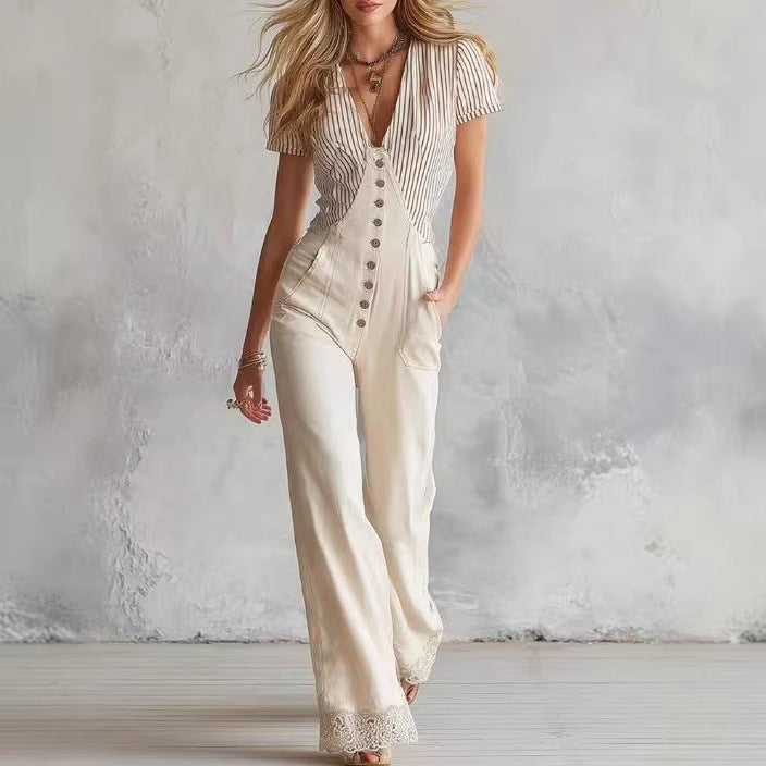 Women's Tailored Jumpsuit with V-Neck, Button Placket and Lace Trim Mune Fashion