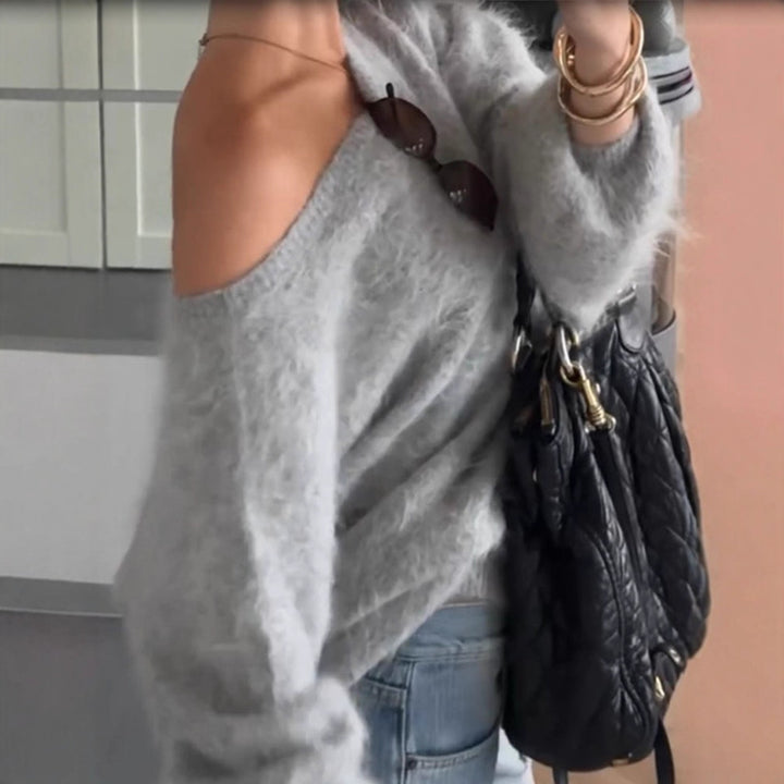 Women Oversize Mohair Blend Off-Shoulder Sweater with Balloon Sleeves Mune Fashion