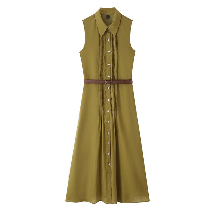 Women's sleeveless shirt dress with pleats, button placket and belt Mune Fashion
