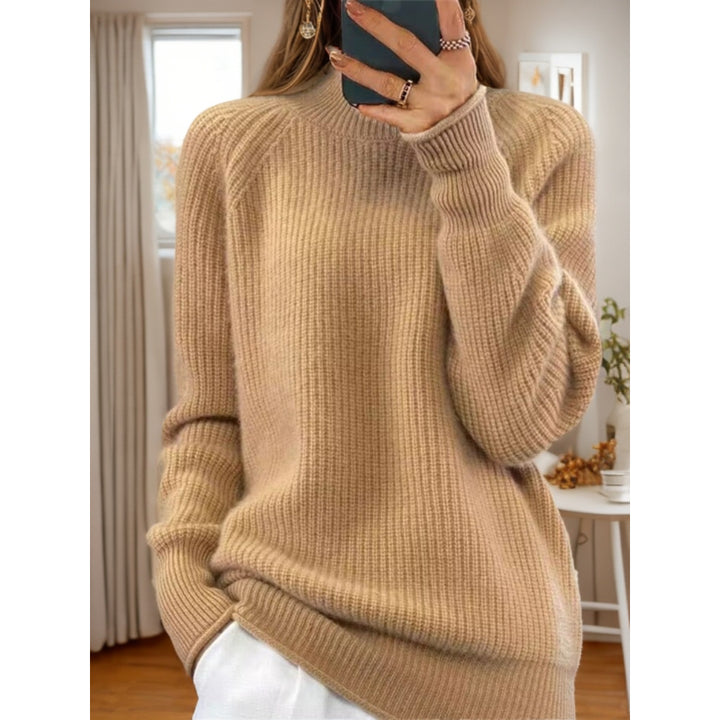 Women's cozy knitted sweater with stand-up collar and ribbed structure Mune Fashion