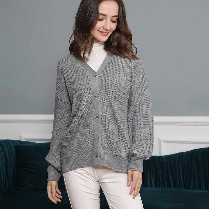 Women Waffle Structure Cardigan with Deep V Neck and Boxy Oversized Cut Mune Fashion