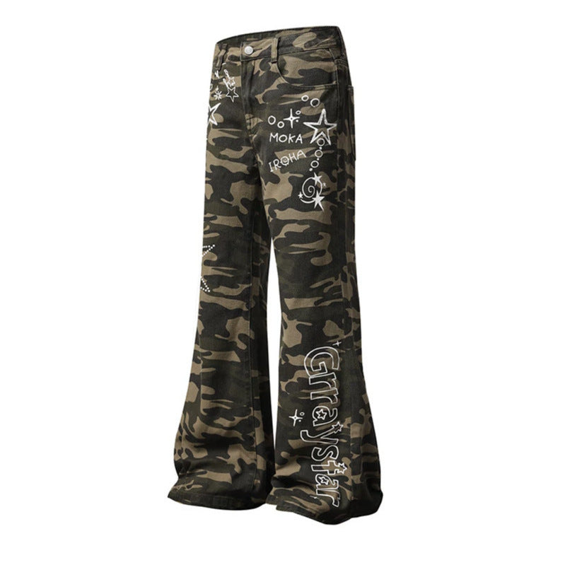 Women's Wide High-Waist Palazzo Jeans in Camouflage Print with Star and Text Applications, Flared Pants Mune Fashion