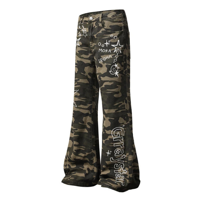 Women's Wide High-Waist Palazzo Jeans in Camouflage Print with Star and Text Applications, Flared Pants Mune Fashion