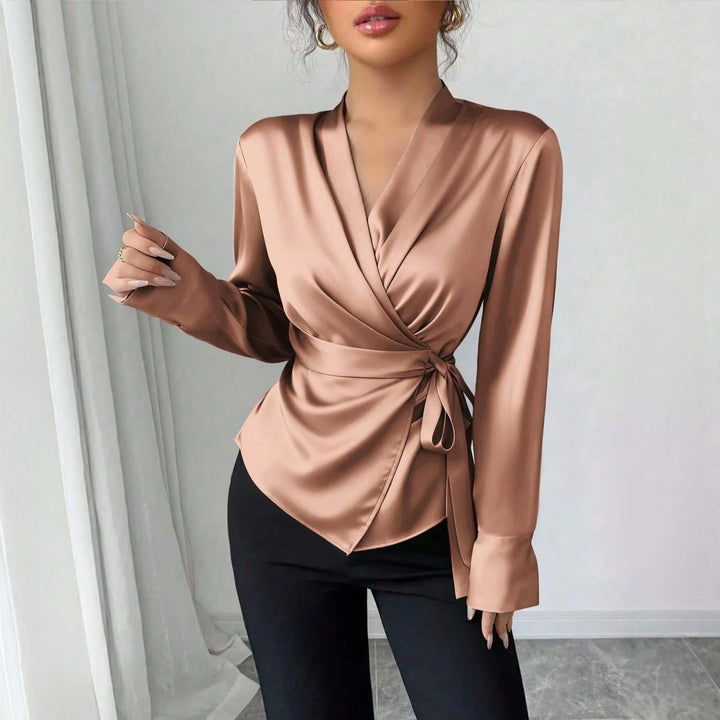 Women's Satin Wrap Blouse with V-Neck, Waist Belt and Slim Cuff Sleeve Mune Fashion