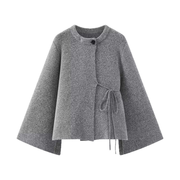 Women's Short Wool Blend Cape with Round Neck, Drawstring Waist and Bell Sleeves Mune Fashion