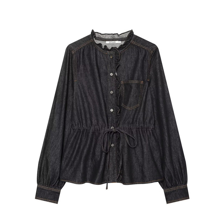 Women's tailored blouse jacket in denim look with ruffle collar and drawstring Mune Fashion