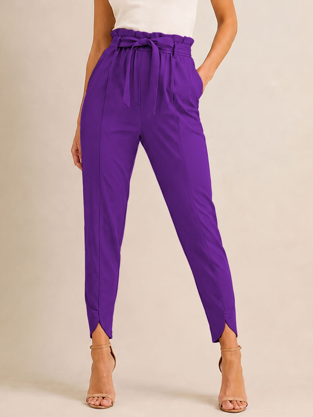 Women's high-waisted paperbag pants with tie belt and slit ankle hem Mune Fashion