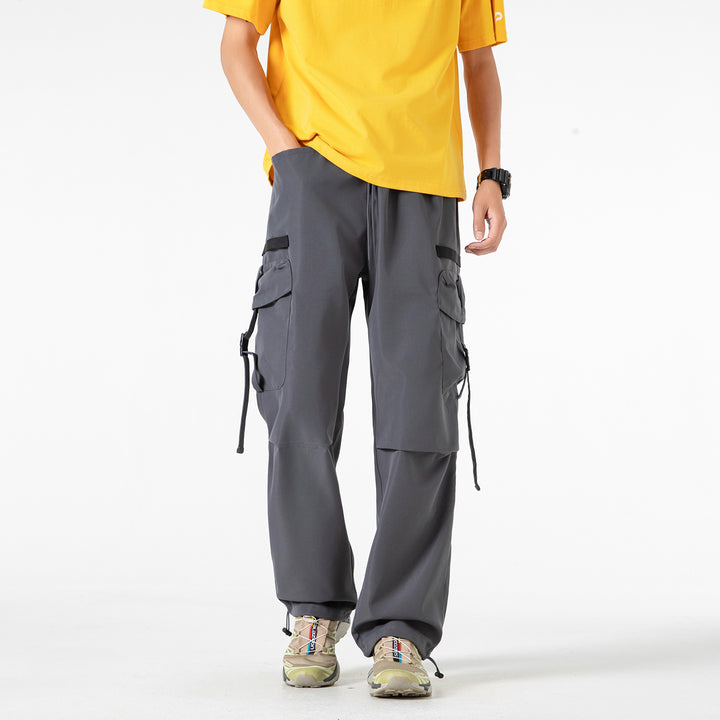 Men's Wide Cargo Pants with Multi-Pockets, Adjustable Drawstring Waistband, and Modular Strap Details Drune