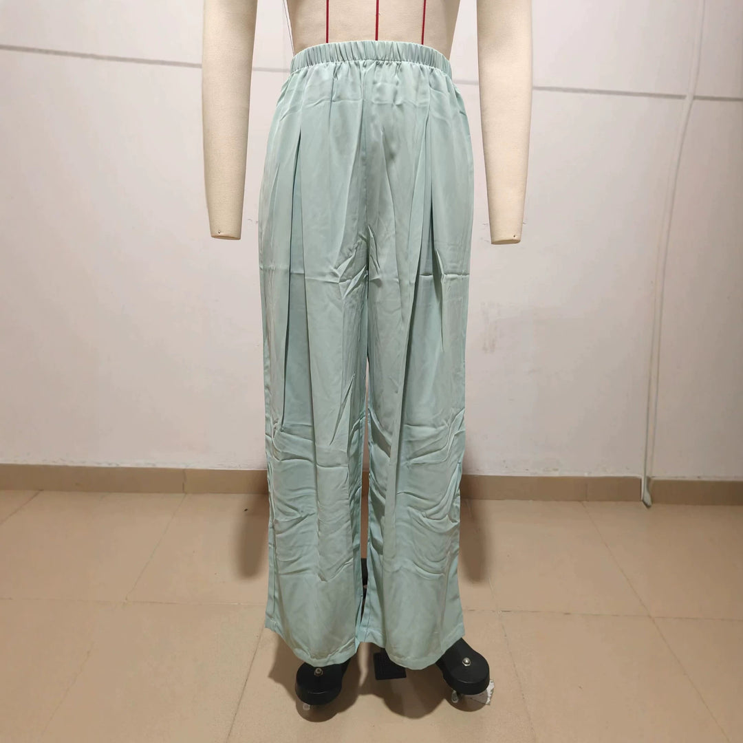 Women Light Satin Palazzo Pants with High Elastic Waistband and Box Pleats Drune