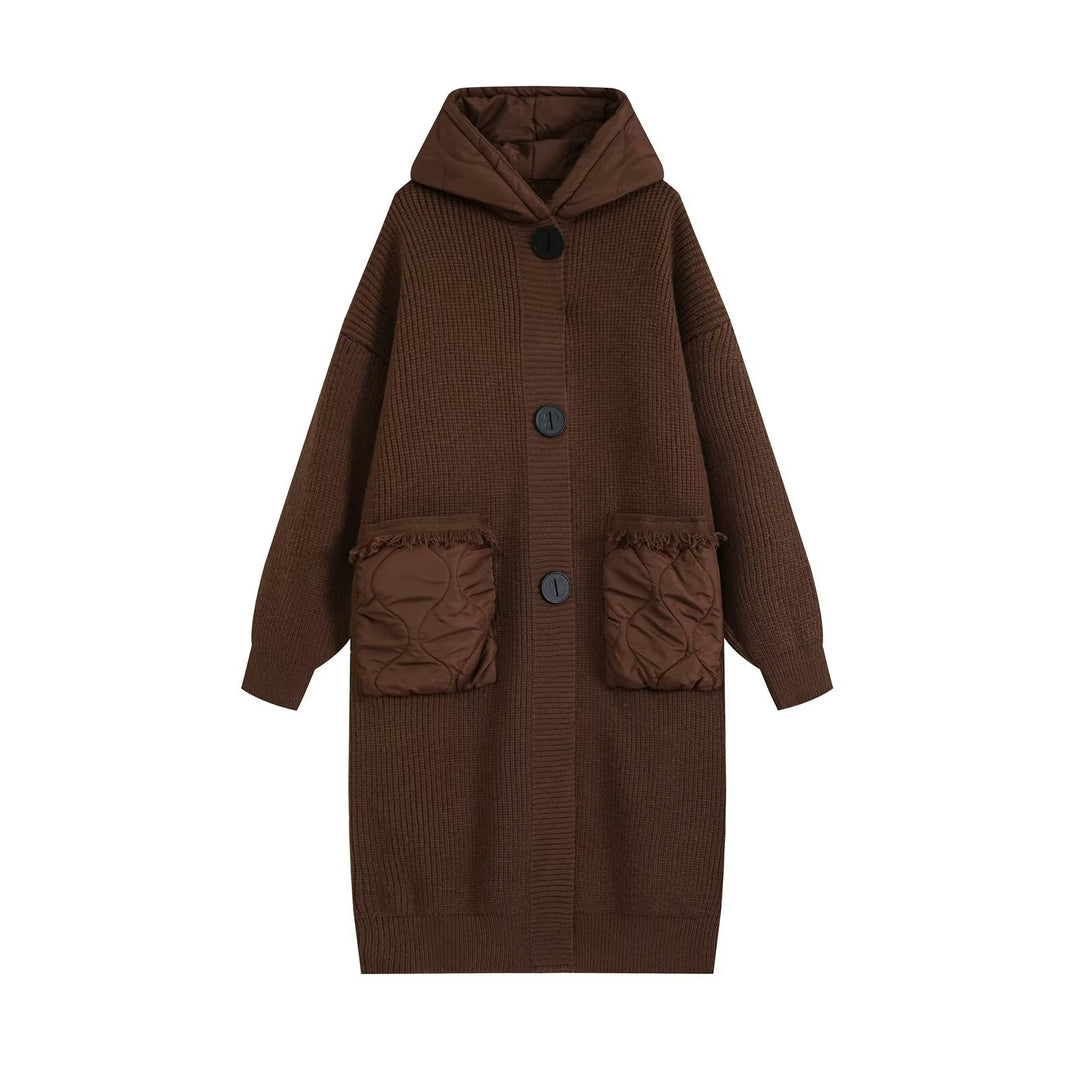 Women's Longline Chunky Knit Coat with Quilted Hood and Oversized Front Pockets Drune