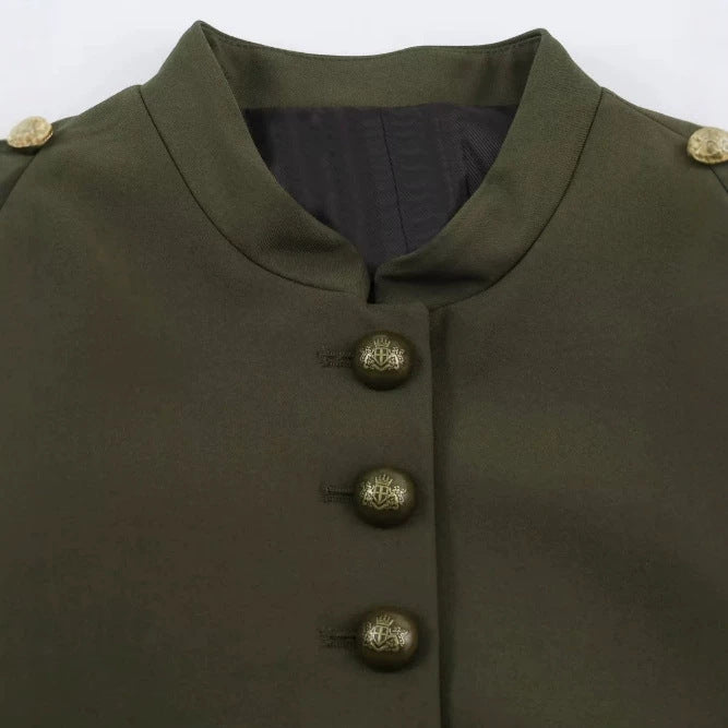Ladies short jacket in military style with stand-up collar, golden epaulettes, and decorative ornamental buttons Mune Fashion