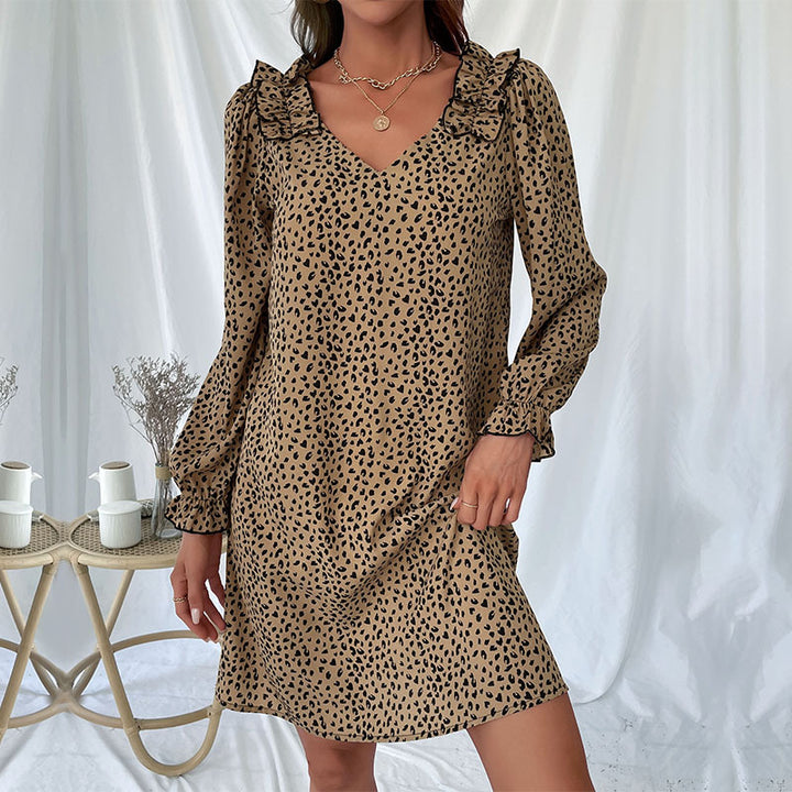 Ladies' mini dress with V-neck, ruffled collar, and subtle animal print Mune Fashion
