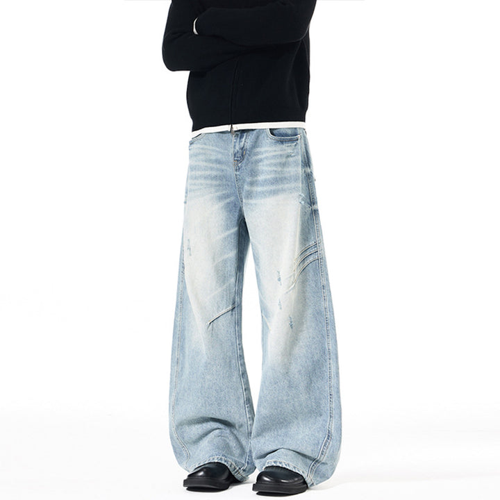 Men's Ultra Wide Denim Palazzo Pants with Sculptural Side Panels and Used Effect Mune Fashion