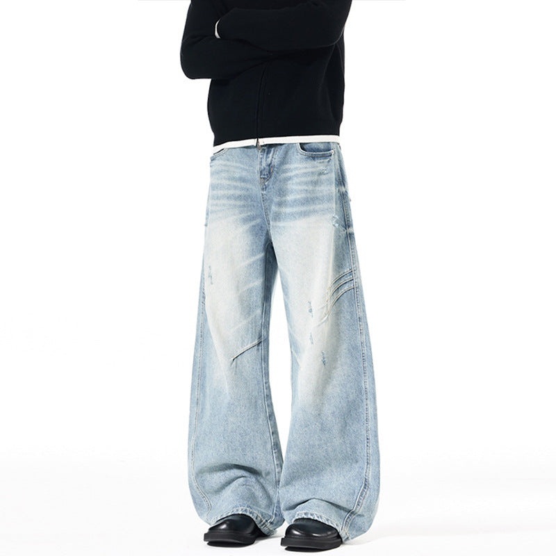 Men's Ultra Wide Denim Palazzo Pants with Sculptural Side Panels and Used Effect Mune Fashion