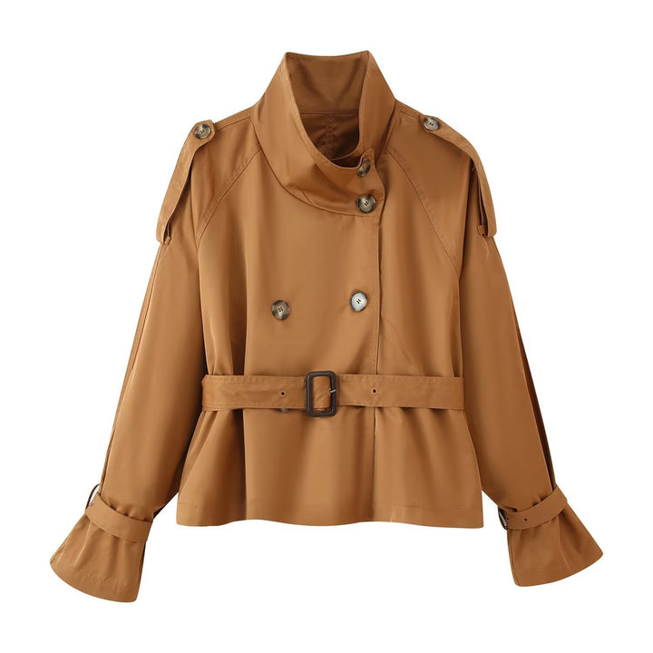 Ladies short cut double-breasted trench coat with wide shawl collar, tailored belt and adjustable sleeve straps Mune Fashion