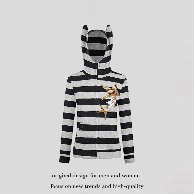 Women's hooded jacket with ears, striped zip cardigan and star appliqués Mune Fashion