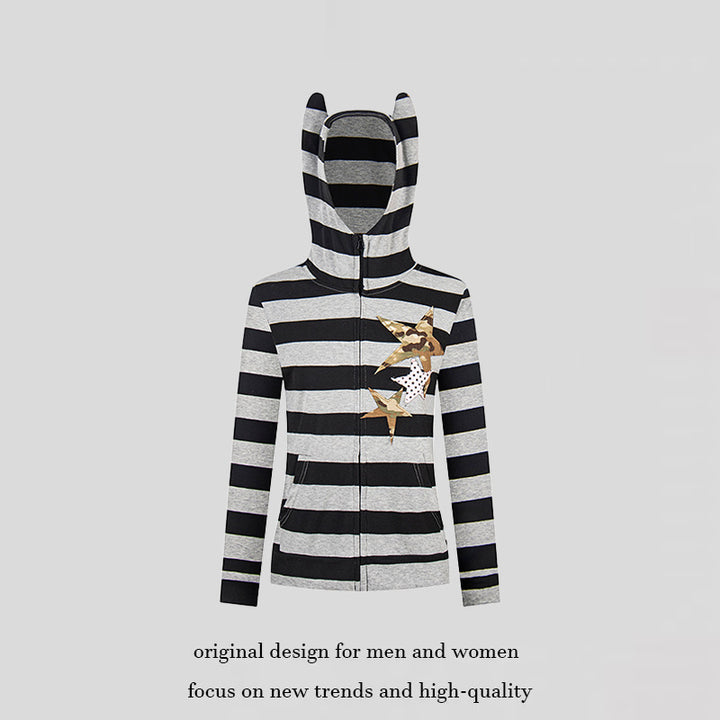 Women's hooded jacket with ears, striped zip cardigan and star appliqués Mune Fashion