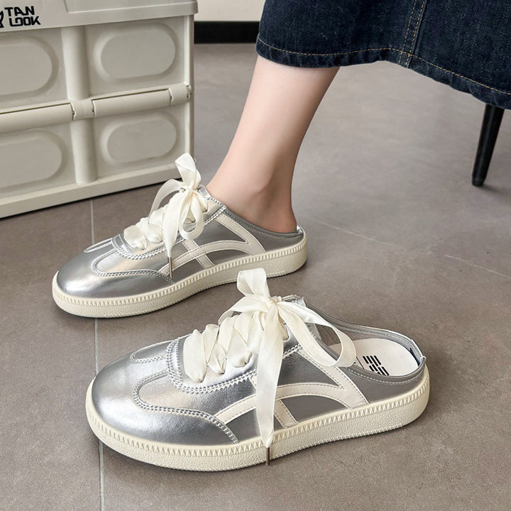 Women's Satin Lace-Up Mule Sneakers with Open Heel and Metallic Look Mune Fashion