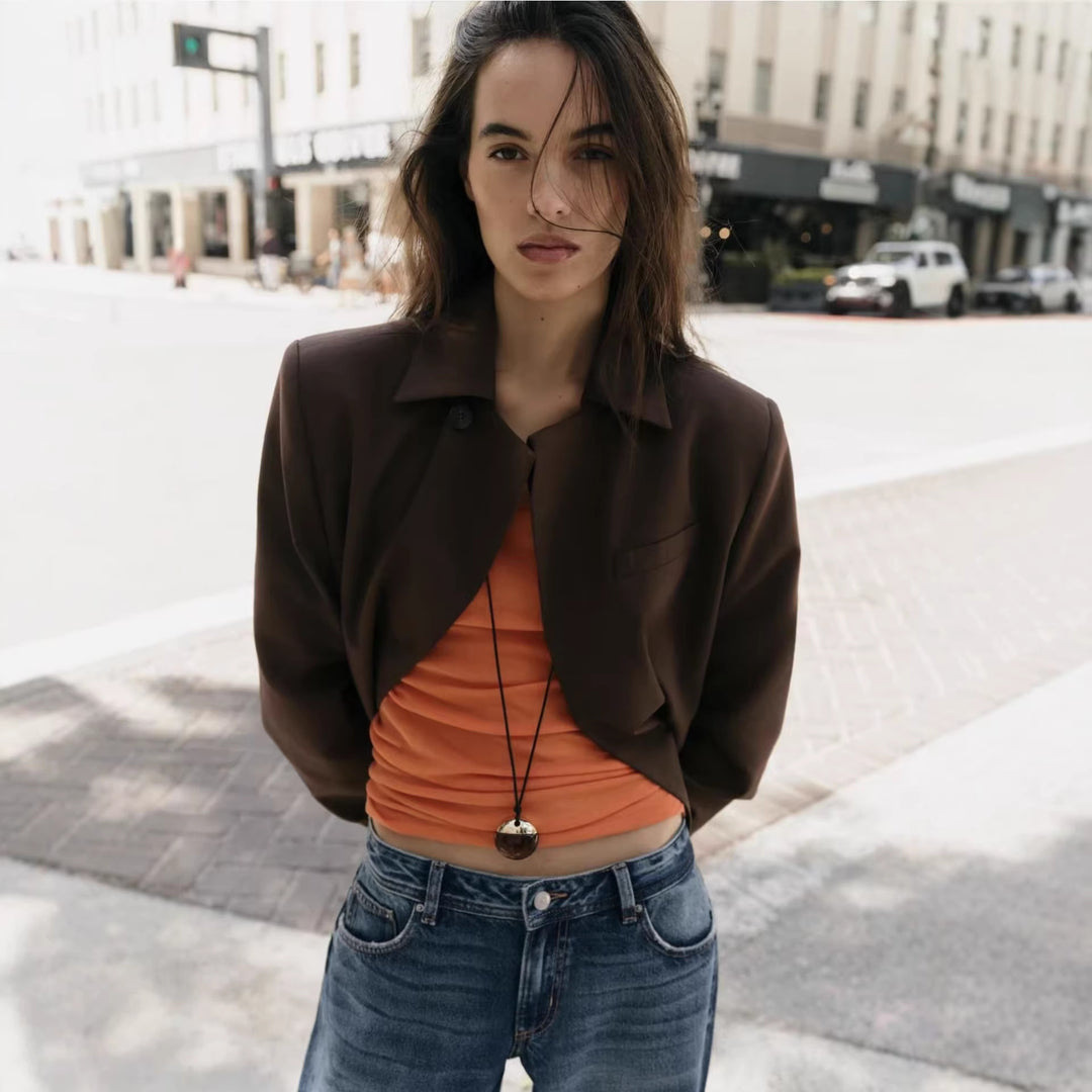 Women's Short Tailored Blazer with Concealed Button Placket and Curved Hem Mune Fashion