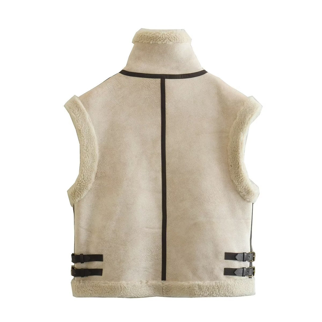 Women's padded lambskin look vest with stand-up collar, zipper and side buckle straps Mune Fashion