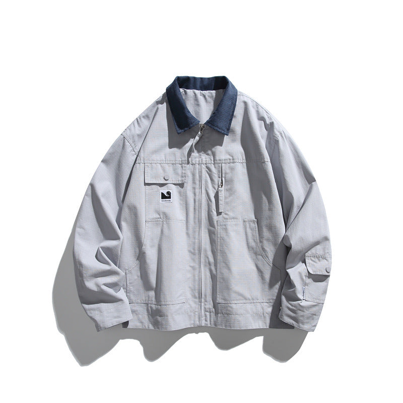 Men's Boxy Workwear Blouson Jacket with Contrast Collar and Multiple Pockets Mune Fashion