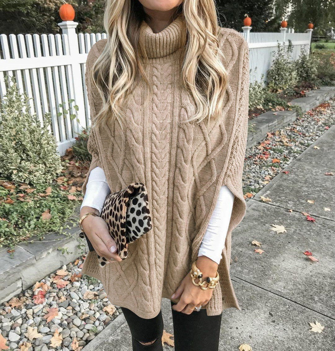 Women's Chunky Knit Poncho with High Collar and Cable Design Mune