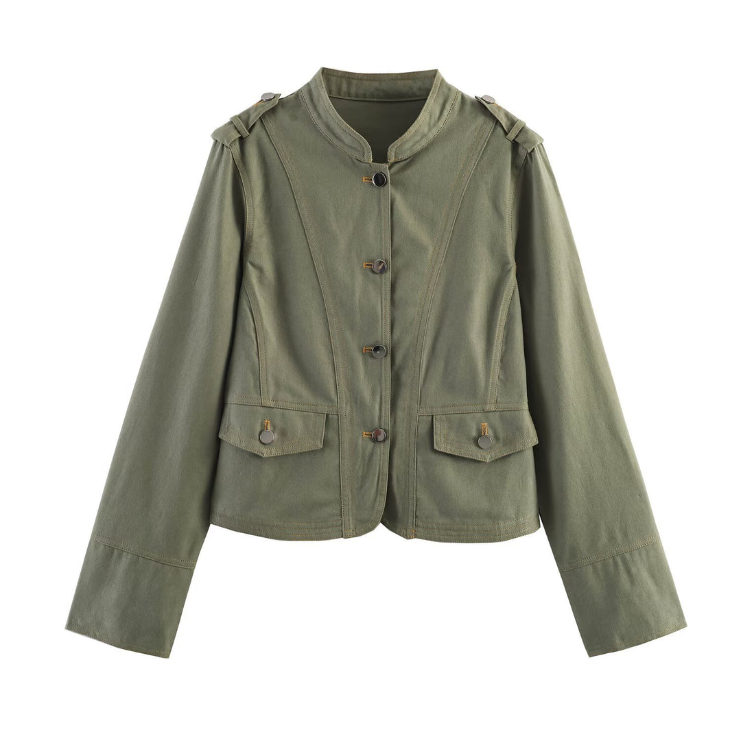 Women's short jacket in utility style with stand-up collar and shoulder straps Mune Fashion