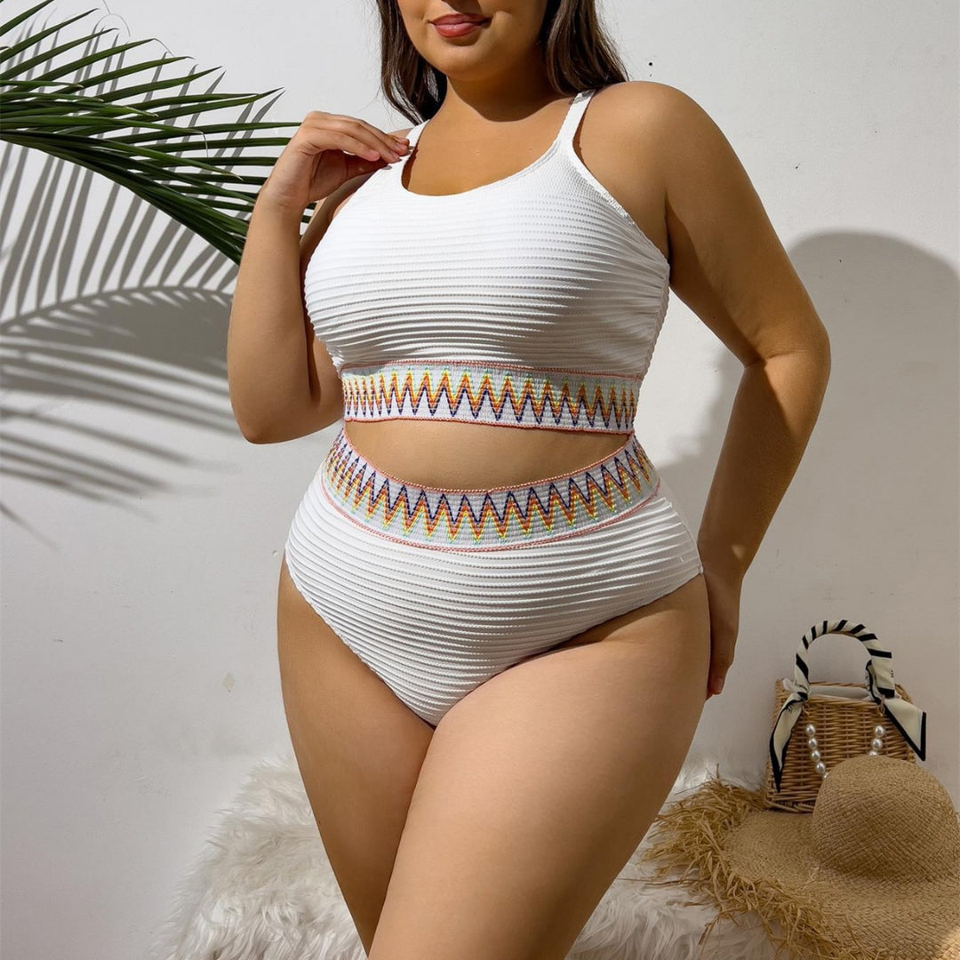 Ladies Sporty Two-Piece Swimsuit with Unique Cut-Out Design and Colorful Banner Pattern Mune Fashion