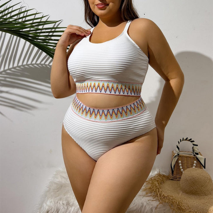 Ladies Sporty Two-Piece Swimsuit with Unique Cut-Out Design and Colorful Banner Pattern Mune Fashion