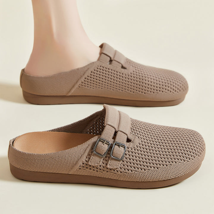 Women's knitted clog mule with double metal buckle, breathable 3D knitted upper and ergonomic memory footbed Mune Fashion