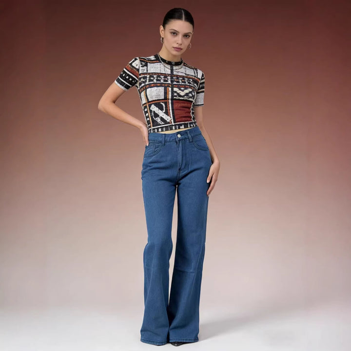 Ladies high-waisted soft draping flare jeans made of stretch denim with a figure-flattering fit Mune Fashion