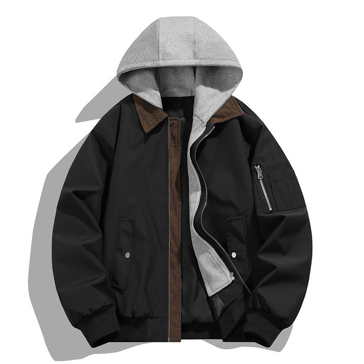 Men's casual leisure bomber jacket with内置 hood layer and cord stand collar Mune Fashion