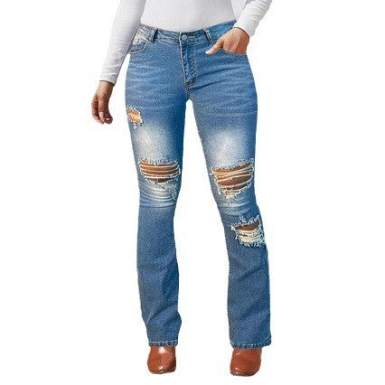 Women's Bootcut Jeans with Knee Rips made of Stretch Denim and Mid Rise Mune Fashion