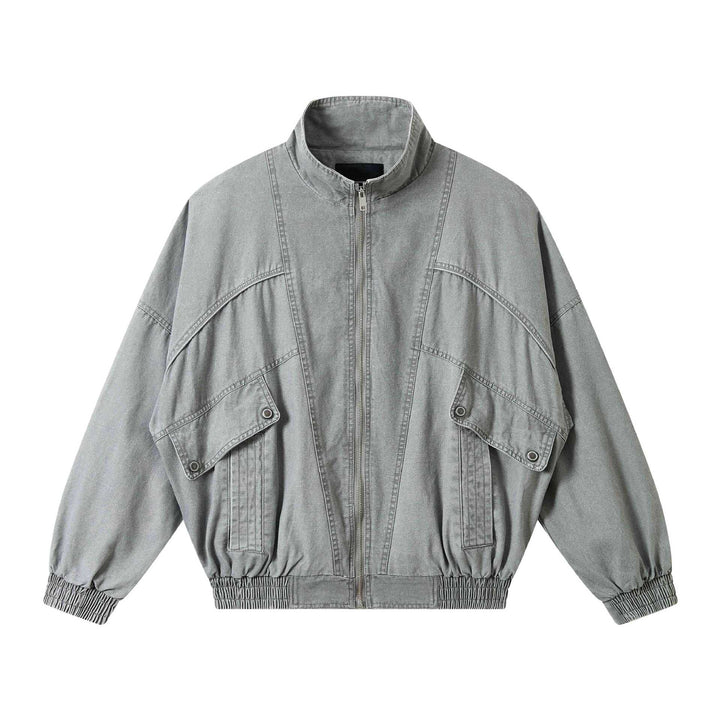 Unisex Short Cut Washed Canvas Utility Jacket with High Stand-Up Collar Mune Fashion