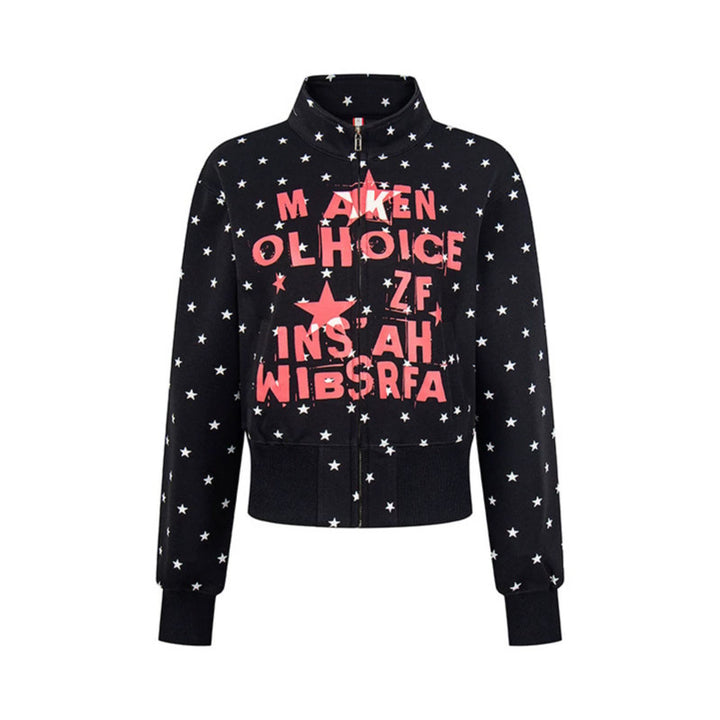 Women's Short Zipper Sweat Jacket with Stand-Up Collar, Allover Star Print and Statement Front Print Mune Fashion