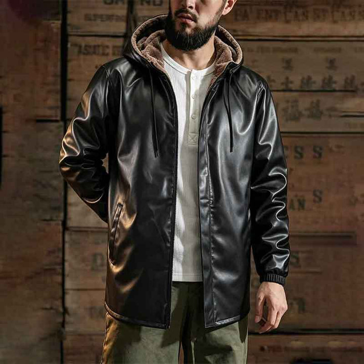 Men's Fashion Faux Leather Jacket with Hood and Fleece Lining Mune Fashion