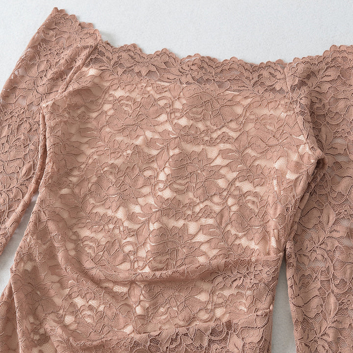 Women's Off-Shoulder Lace Dress with Waist Gather and Long Sleeve