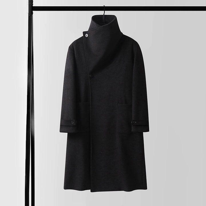 Men's Maxilength Wool Coat with High Stand-up Collar, Asymmetric Button Placket and Tied Belt Mune Fashion