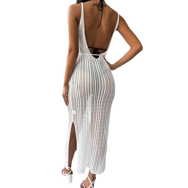 Women's crocheted maxi dress with deep V-neckline and side slit Mune Fashion