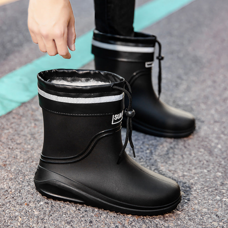 Women Short Shaft Rain Boots with Adjustable Drawstring and Reflective Hem Mune Fashion