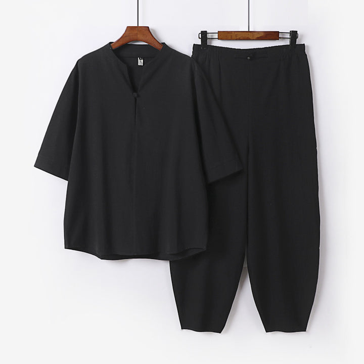 Men's Two-Piece Lightweight Linen-Cotton Set with Mandarin Collar and Elastic Waist Pants Mune Fashion