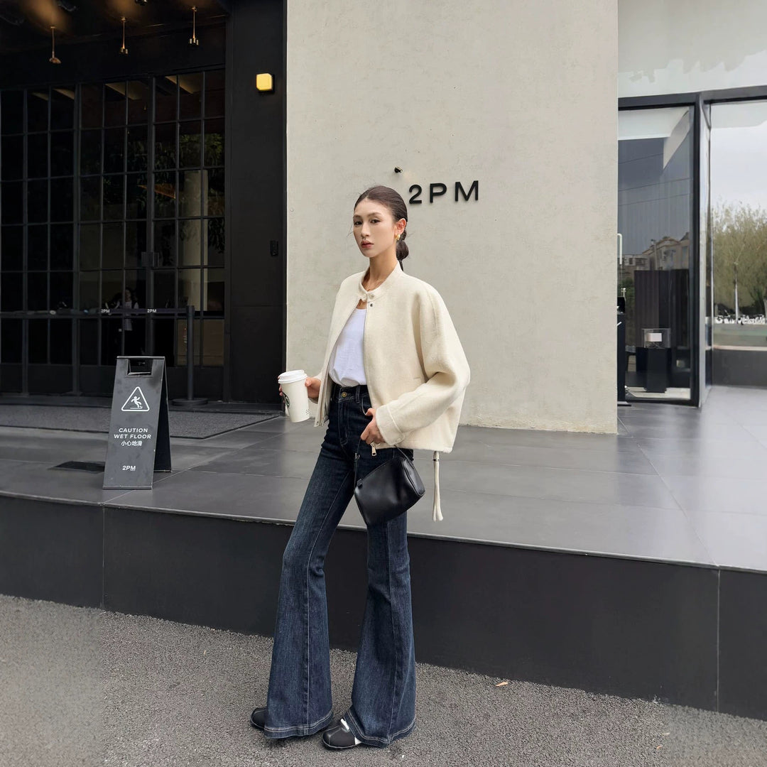 Women's short cut minimalist bomber jacket with stand-up collar Mune Fashion
