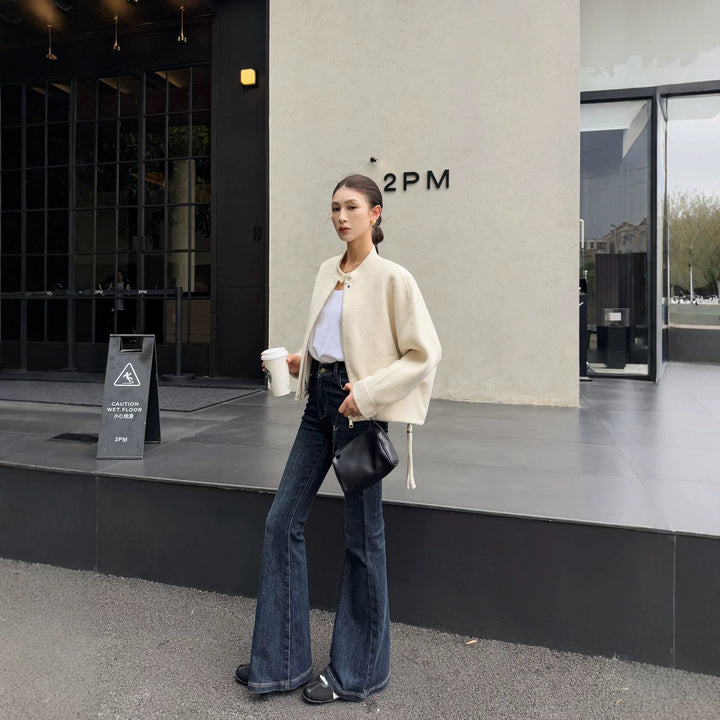Women's short cut minimalist bomber jacket with stand-up collar Mune Fashion