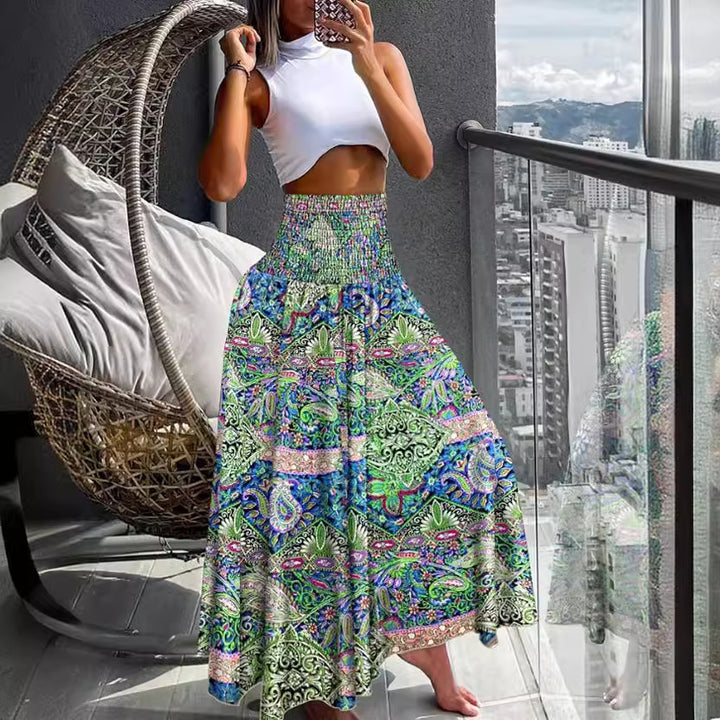 Women’s Maxi Skirt with High Smock Waist and Wide Boho Print Mune Fashion