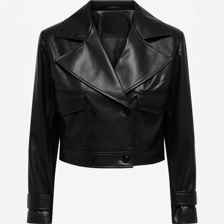 Women short cut double-breasted leather jacket with wide lapels Mune Fashion