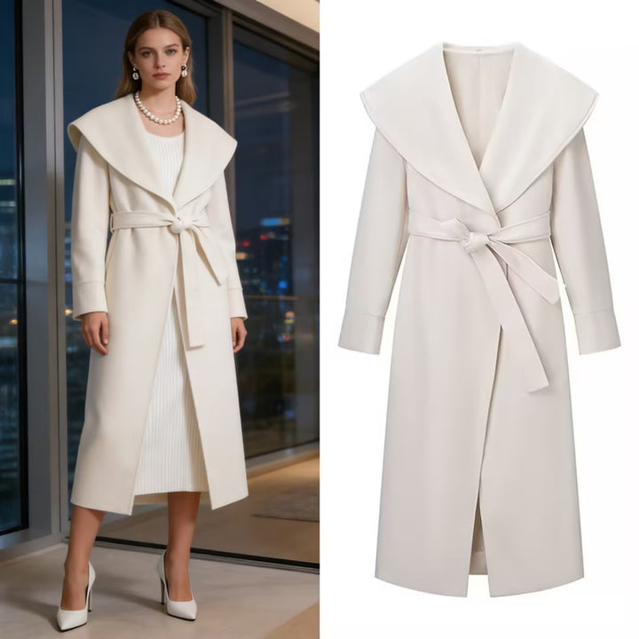Women Elegant Coat with Oversized Shawl Collar and Tied Belt Mune Fashion