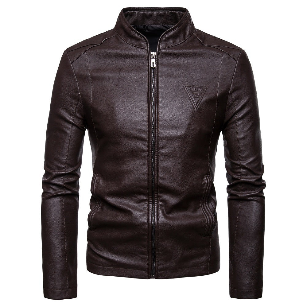 Men's narrow cut lamb leather biker jacket with stand-up collar and tonal decorative stitching Mune Fashion