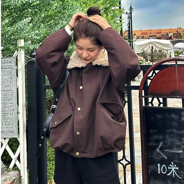Ladies Short Oversize Boxy Jacket with Teddy Collar and Snap Button Closure Mune Fashion